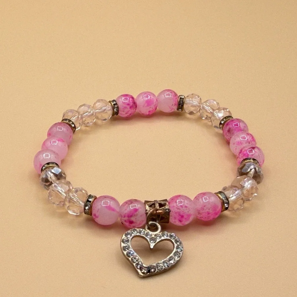 Pink Crystal Beaded Heart Charm Stretch Bracelet Romantic Coquette Statement